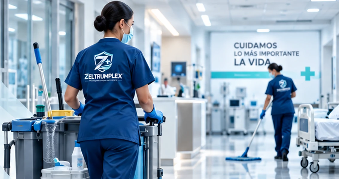 Representación ilustrativa de personal de limpieza en un pasillo hospitalario